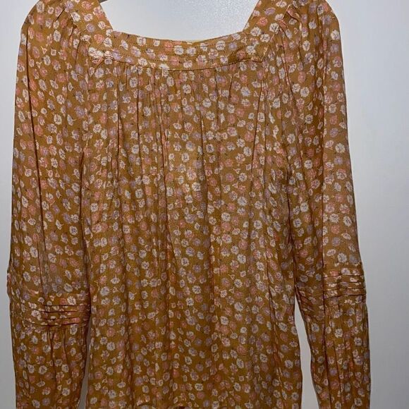 Lauren Conrad Women's Floral Tan Square Neck Peasant Blouse Top Size Large NWT - Picture 5 of 11